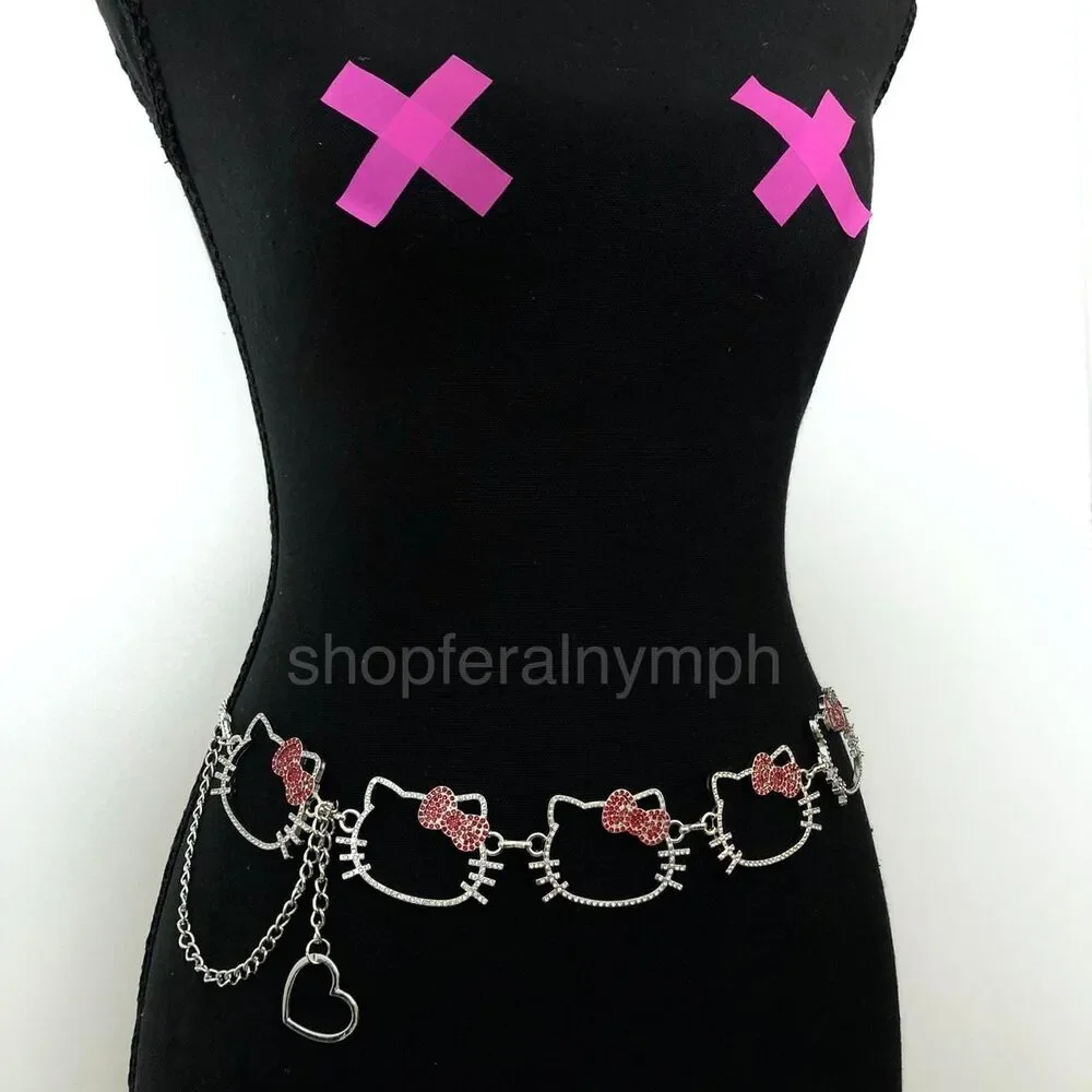 Y2K Kawaii Rhinestone Hello Kitty Chain Belt, Fits 13–37.5 Inches, X7GA1219